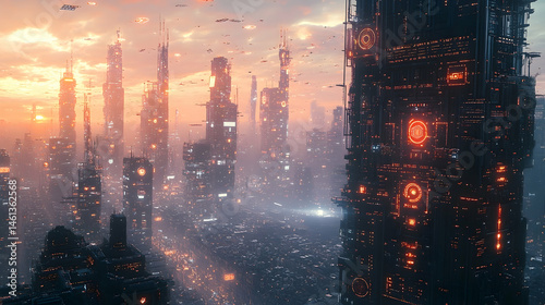 Futuristic cityscape at sunset with illuminated structures.