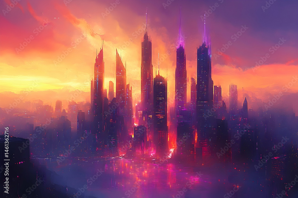 Obraz premium Futuristic cityscape illuminated by vibrant sunset hues.