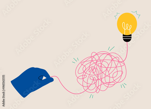 Creativity to solve problem concept. Hand pull lightbulb from messy knot.  Colorful vector illustration