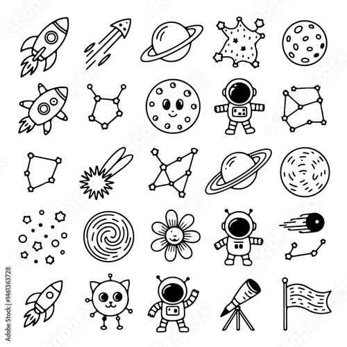 Set of space themed doodle on white background. Hand drawn abstract doodle isolated on white background.
