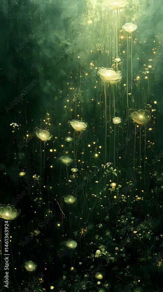 Fototapeta premium Mystical forest, glowing flowers