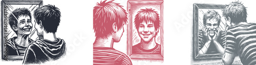 Coloring Engraving Designs Featuring a Teenager Smiling Awkwardly in the Mirror – Unique Etched Artwork for Gifts, Wall Decor