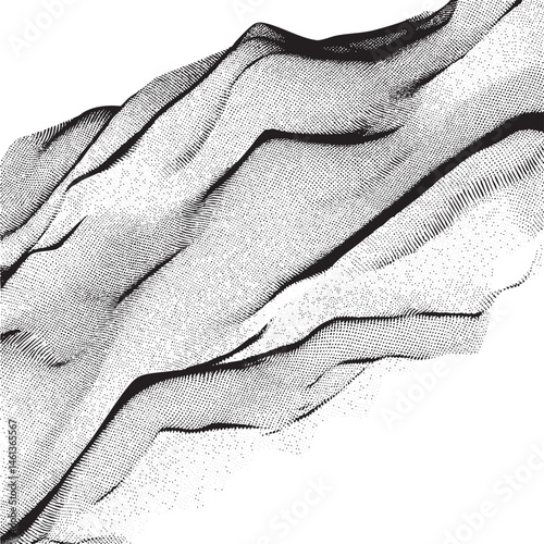 Black and white abstract fabric waves cascade across a blank surface.