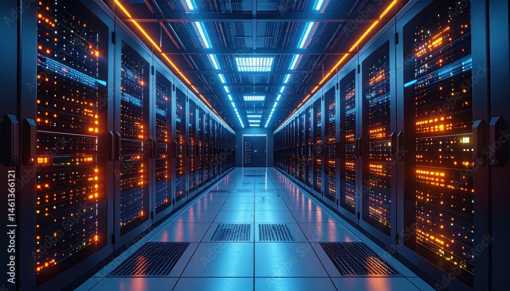Obraz premium Server Room with Data Center Equipment and Neon Lighting