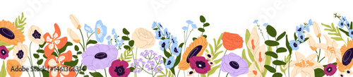 Cute floral composition on banner. Border of different wildflowers with leaves. Spring flowers, bloom meadow plants, blossom flora of garden. Flat isolated vector illustration on white background
