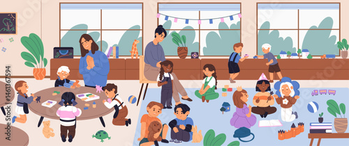 Happy children play games in nursery room, Montessori kindergarten. Cute preschool kids have fun with toys in daycare. Little boys and girls are in playroom with nannies. Flat vector illustration