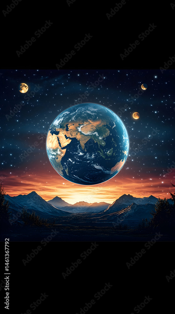 Fototapeta premium Earth suspended in a starry night sky above a serene mountain landscape