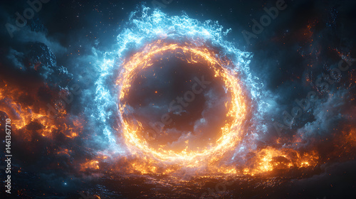 Glowing energy ring of blue and white in a dark space environment