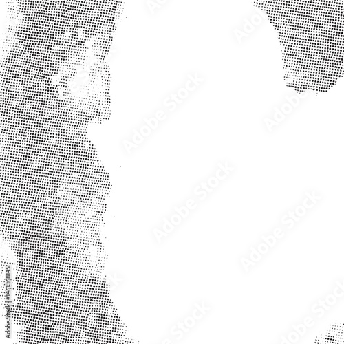 A grayscale portrait of a person's head partially obscured by dots.