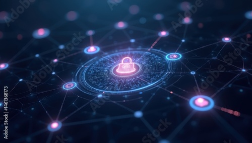 Futuristic digital network core with glowing nodes and connections, data flow visualization, abstract technology background for AI and communication systems