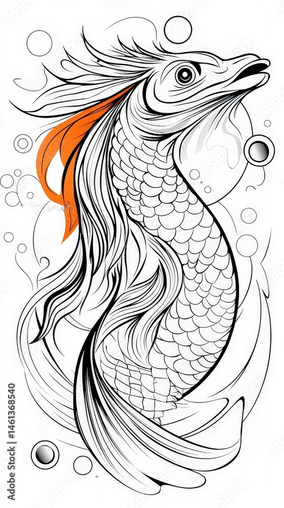 Fototapeta premium Majestic koi fish with striking red tail swimming gracefully in a tranquil water environment