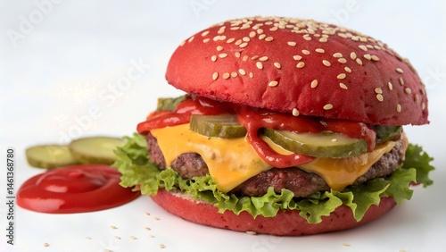 Vibrant Red Hamburger with Sesame Seed Bun, Cheese, Lettuce, Pickles, and Ketchup, Served with Side of Ketchup


