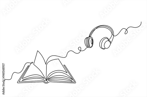 Single continuous editable line of audiobook and headphones. Concept of online service for audio reading, learning in minimal linear style. Vector illustration.  Editable stroke.