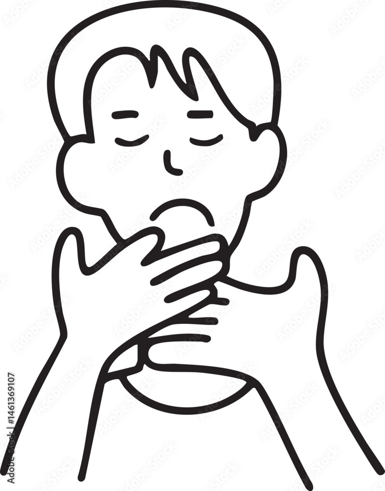 A child clutches his throat in distress. A child clutches his throat in distress.