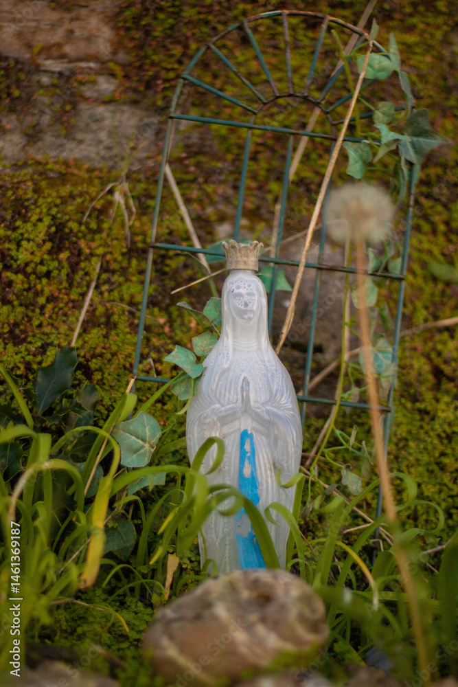 A plastic figurine of the Virgin Mary with a crown on her head in the garden of a small Irish town surrounded by grass and fluffy dandelions and an old fence in the background