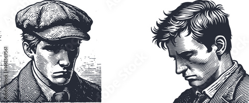 Set of Engraving Designs Featuring a Job-Rejected Young Man with a Faint Frown – Emotional Portrait Art , Wood,  Metal Engraving – Expressive Vector Line Art, jobless, unemployed, rejection
