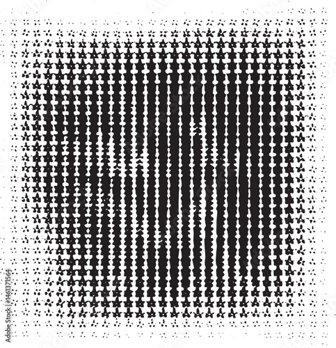 A densely patterned square of black and white dots dominates the