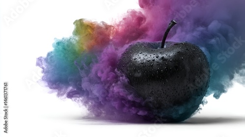 Obraz na płótnie Black Apple Surrounded by Colorful Smoke in Artistic Composition w salonie