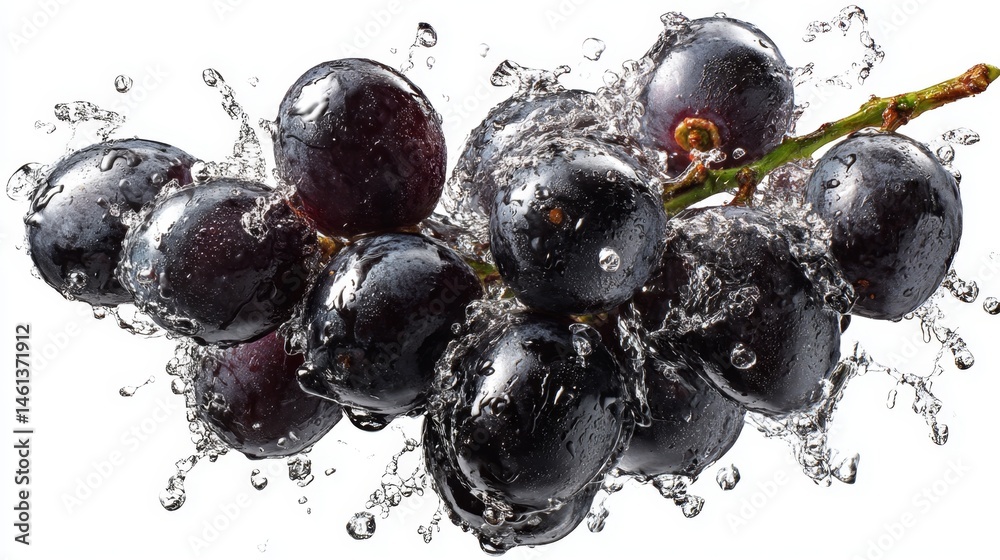 Fresh Black Grapes Splashing into Clear Water with Beautiful Details