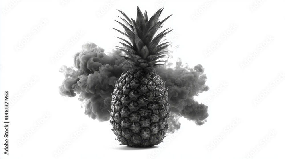Artistic Pineapple with Smoke Surrounding It in Black and White