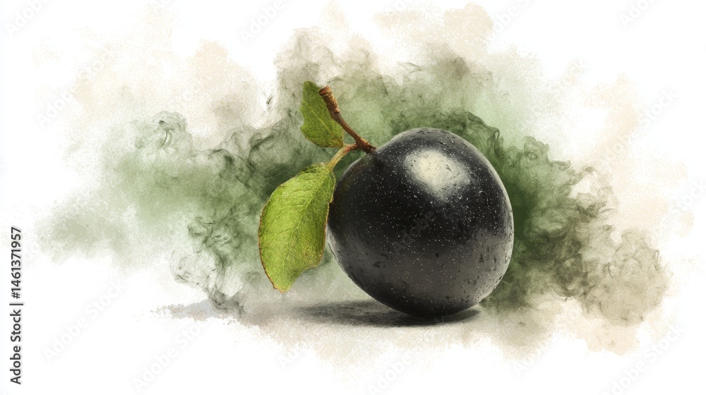 Black Olive with Leaf on Soft Green Background in Artistic Style
