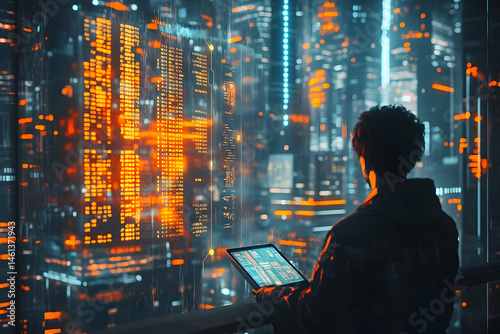 Digital cityscape view seen through laptop screen.