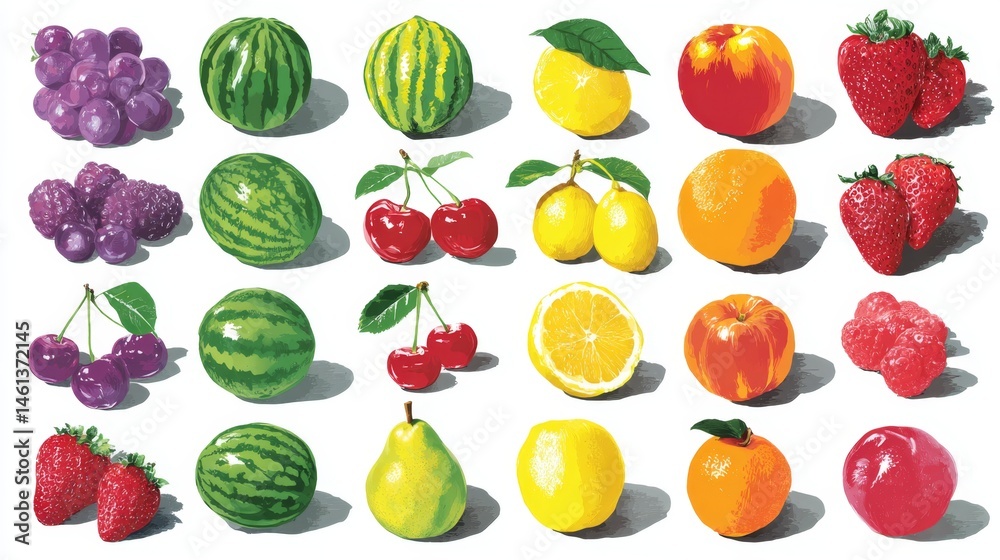 Colorful Arrangement of Fresh Fruits Including Berries and Citrus
