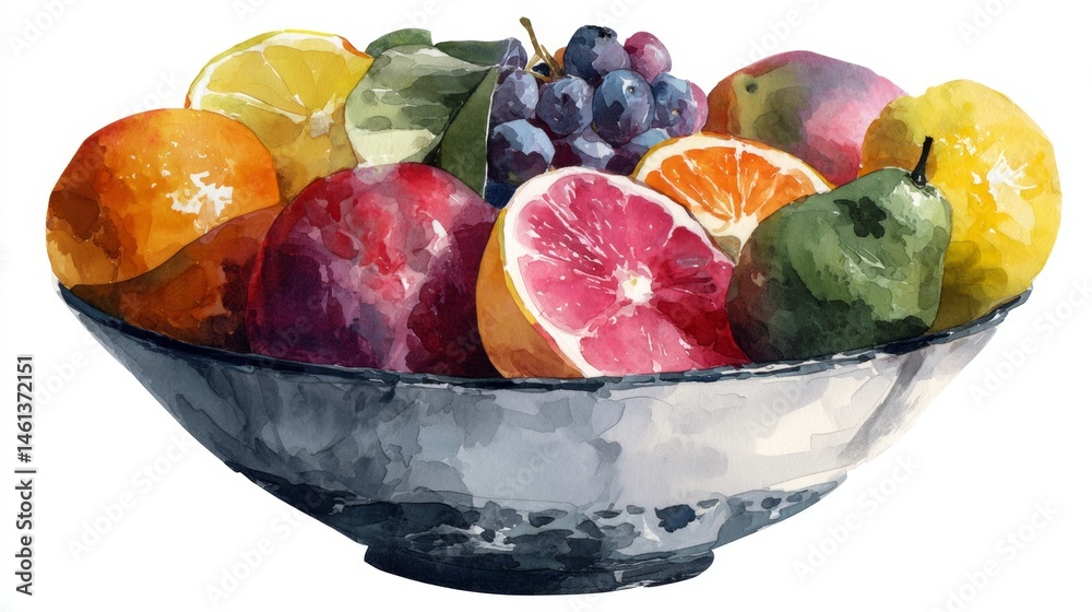 Colorful Watercolor Fruit Bowl with Citrus and Berries Arrangement