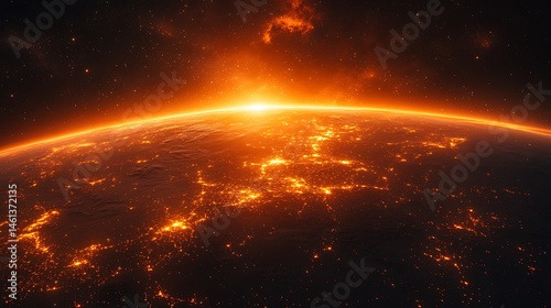 Elevated view of Earth at sunrise, glowing with city lights.