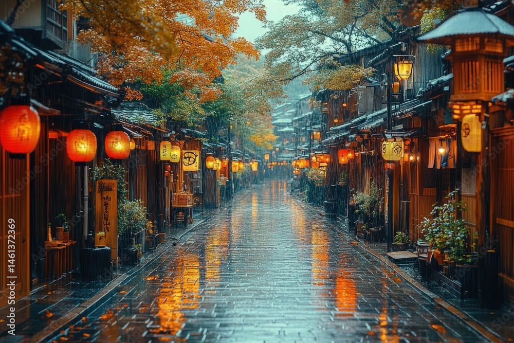Fototapeta premium A rain-slicked road in Japan, lanterns aglow on vintage wooden buildings