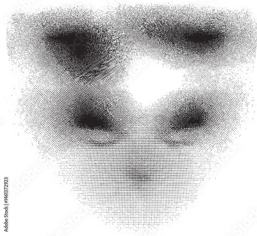 A grayscale portrait of a face emerges from scattered dots.