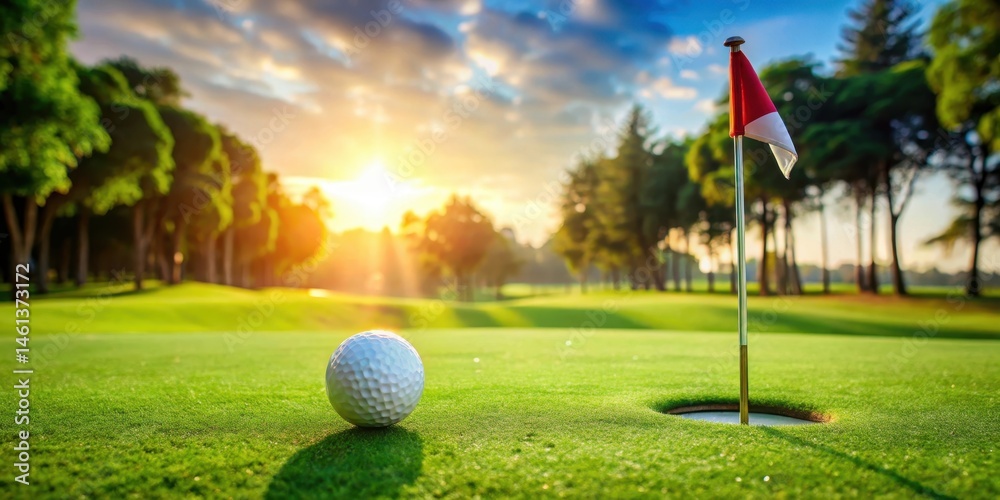 Obraz premium Golf ball tees placed on lush green golf course near the hole with flag, flag, sports equipment, flag