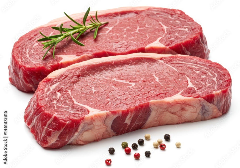 Two raw ribeye steaks with rosemary and peppercorns on white background Two raw ribeye steaks with rosemary and peppercorns on white background