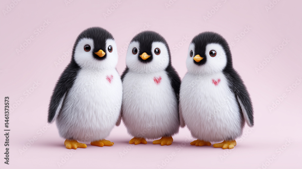Fototapeta premium Three penguins standing next to each other with hearts on their chests