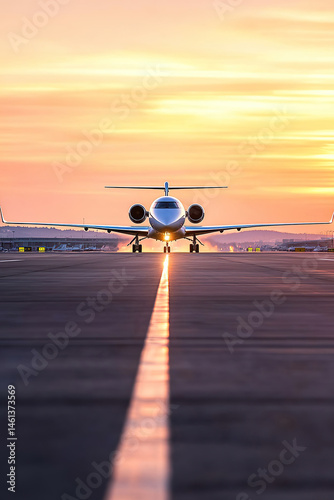 Private jets preparing for takeoff during a stunning sunset on exclusive runway