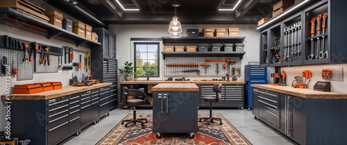 Modern workshop interior with tools cabinets and pegboard storage