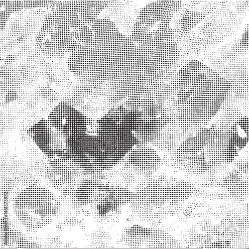 A grayscale portrait of a woman's face emerges from a textured speckled background.