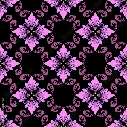 Vintage Purple Floral Damask Seamless Vector Pattern, Mystic Lavender Baroqoue Seamless Pattern. 
