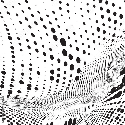 Black and white circles cascade down a textured undulating surface.