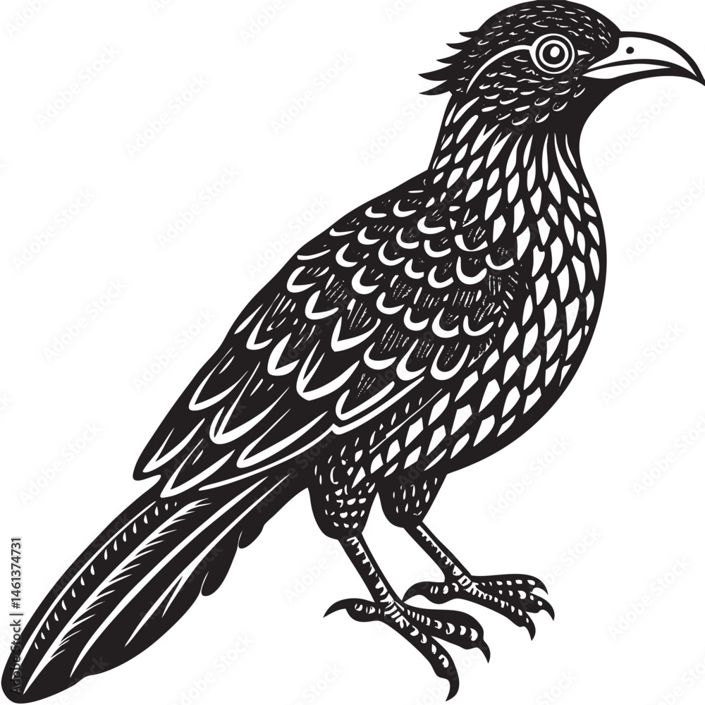 Obraz premium Koel Bird Line Art and Silhouette – Single Black and White Vector Illustration of Asian Cuckoo