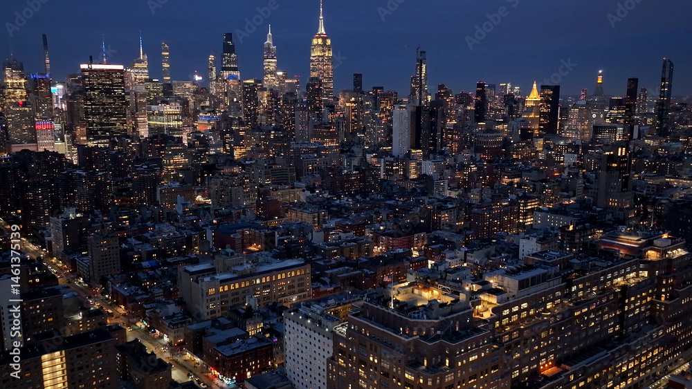Fototapeta premium Night Skyline Of New York Skyline At Manhattan In New York United States. Night City Landscape. Financial District. New York Skyline At New York United States. Highrise Buildings Scenery. 