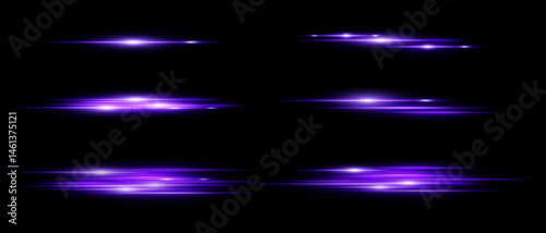 Set of purple glowing horizontal light streaks with motion blur effect on black background. Perfect for highlights, overlays, or dynamic transitions in design. Vector illustration.