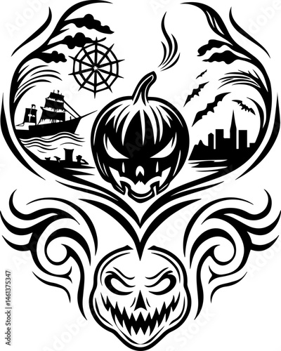 Wallpaper Mural SVG vector of a Halloween-themed pumpkin skull design. Spooky Halloween Tattoo Art with Skull, Pumpkin and Scenic Elements Torontodigital.ca