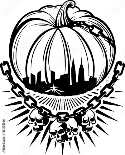 SVG vector of a Halloween-themed pumpkin skull design. Spooky Pumpkin with Urban Skyline and Skull Chain Design