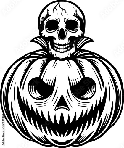 SVG vector of a Halloween-themed pumpkin skull design. Skull on Pumpkin with Scary Face for Halloween Celebration Art