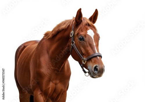 Chestnut horse headshot with white blaze and brown bridle on white background