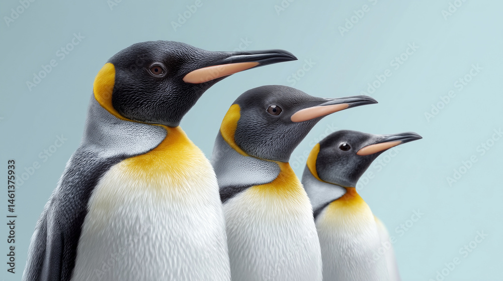 Naklejka premium Three penguins standing next to each other with one of them being a baby