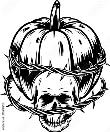 SVG vector of a Halloween-themed pumpkin skull design. Skull and Pumpkin with Thorny Crown for Halloween-themed Artwork