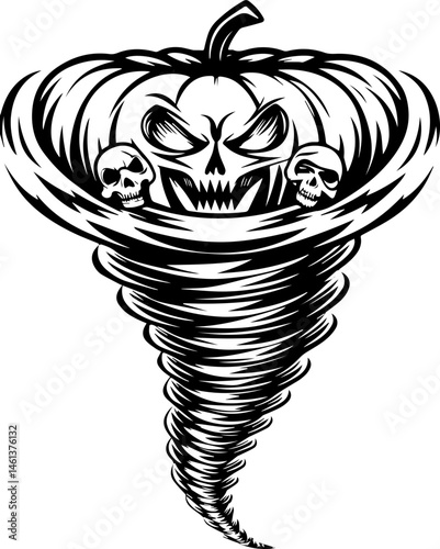 SVG vector of a Halloween-themed pumpkin skull design. Spooky Halloween Pumpkin Tornado with Skulls and Menacing Grin