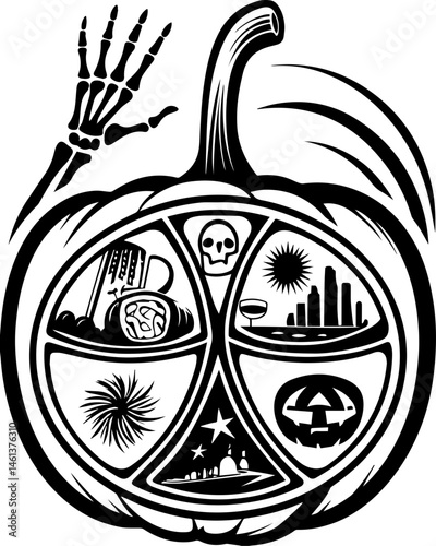 SVG vector of a Halloween-themed pumpkin skull design. Intricate Halloween Pumpkin Design Featuring Skeleton and Symbols